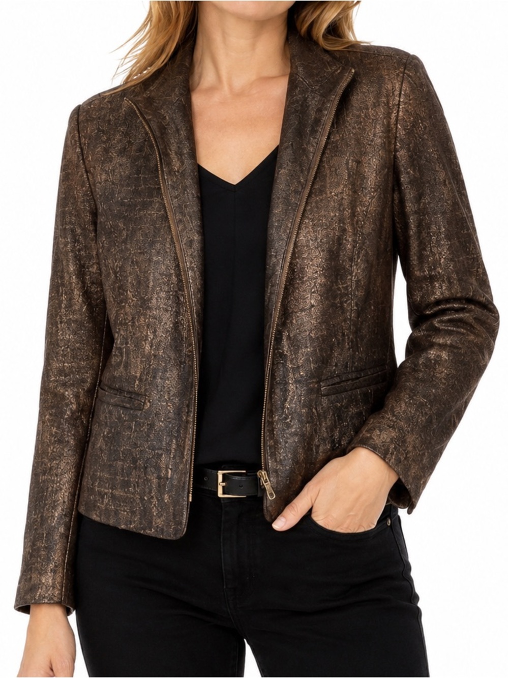 Erin London Foiled Faux Crocodile Zip Jacket Ladies Large